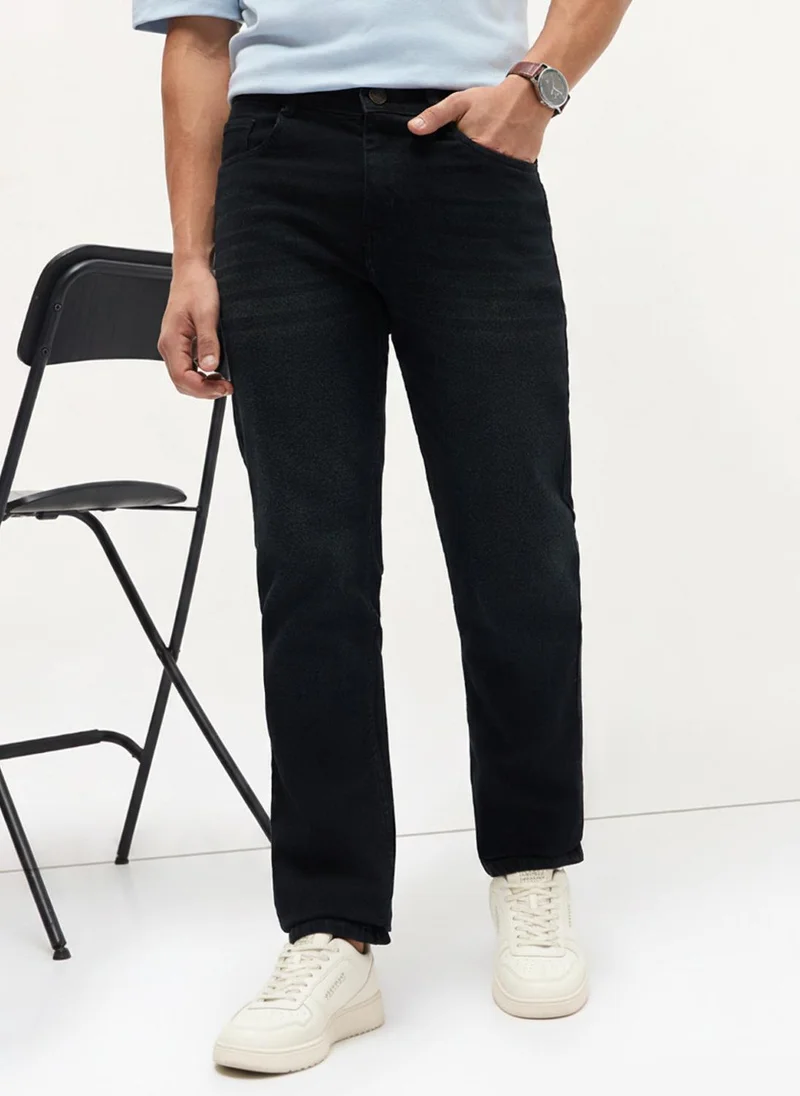 أوربانو فاشن Urbano Fashion Men's Black Regular Fit Heavy Washed Denim Jeans Stretchable